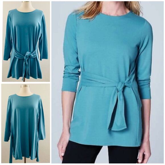 J. Jill Ponte Tie Front Tunic Top 3/4 Sleeve Spandex Stretch Modest Blue Size XL - Picture 1 of 10